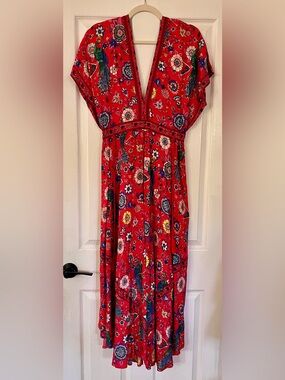 NWT Red Floral Maxi Dress with Peacock Print
